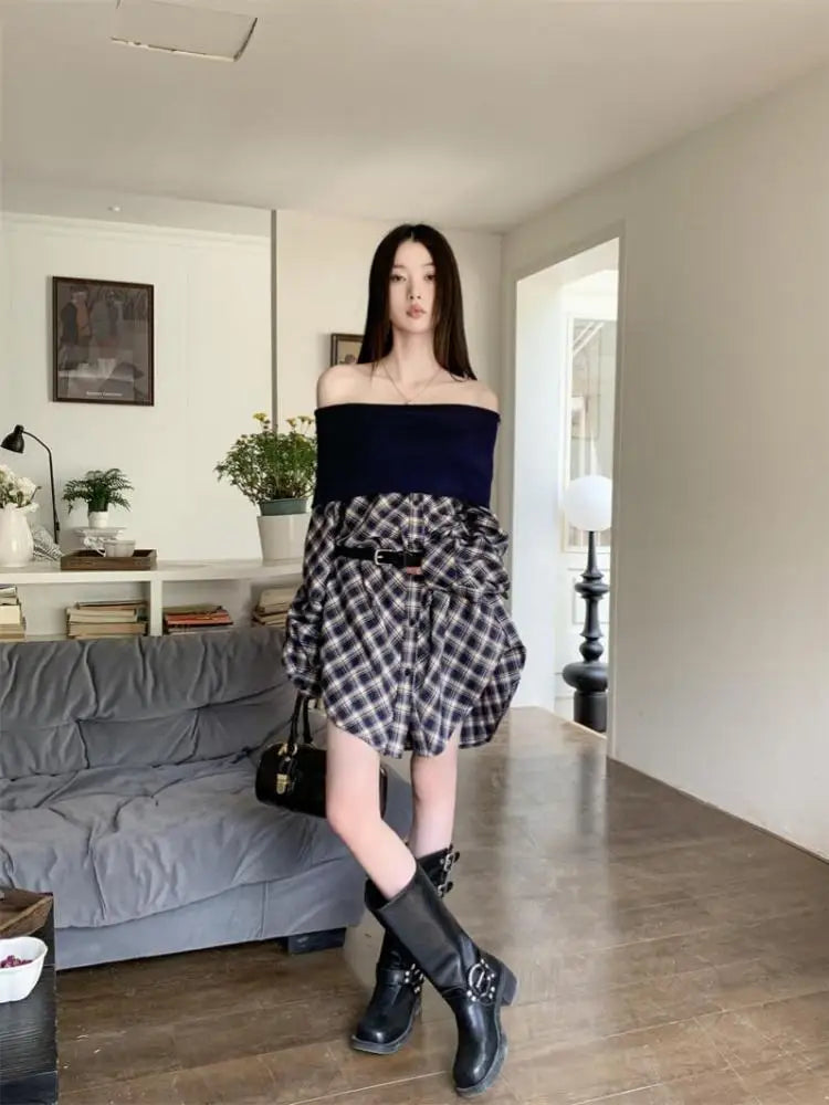 VILZSTUDIOS Plaid Off Shoulder Loose Sleeves Blouse