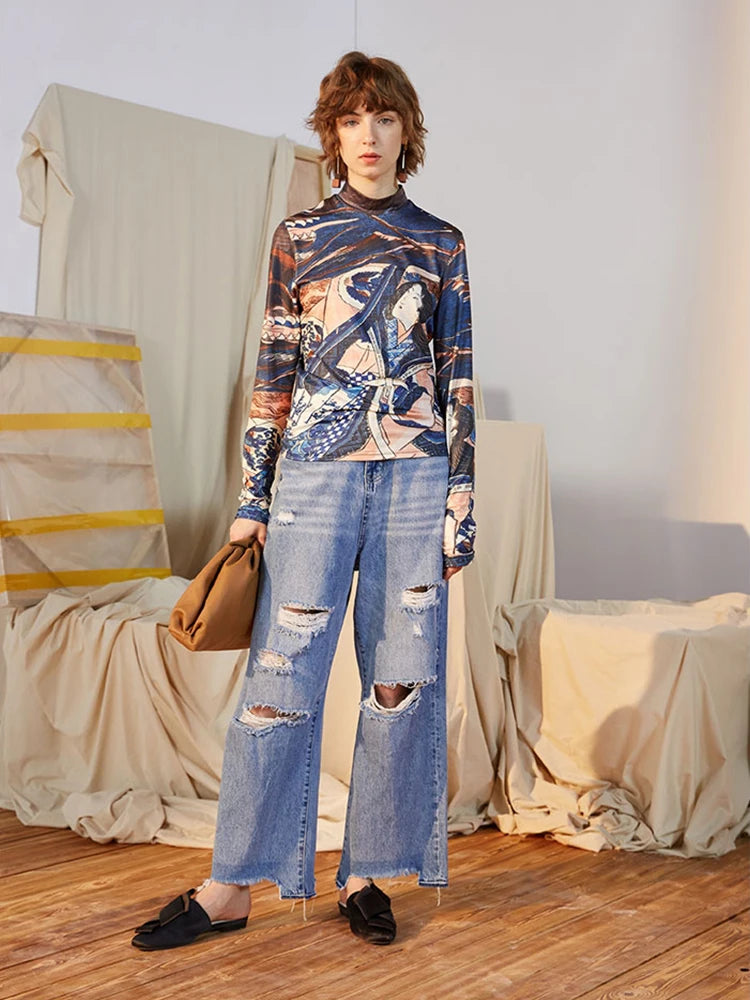 VILZSTUDIOS Blue Ukiyoe Designer Turtleneck Long Sleeve Top