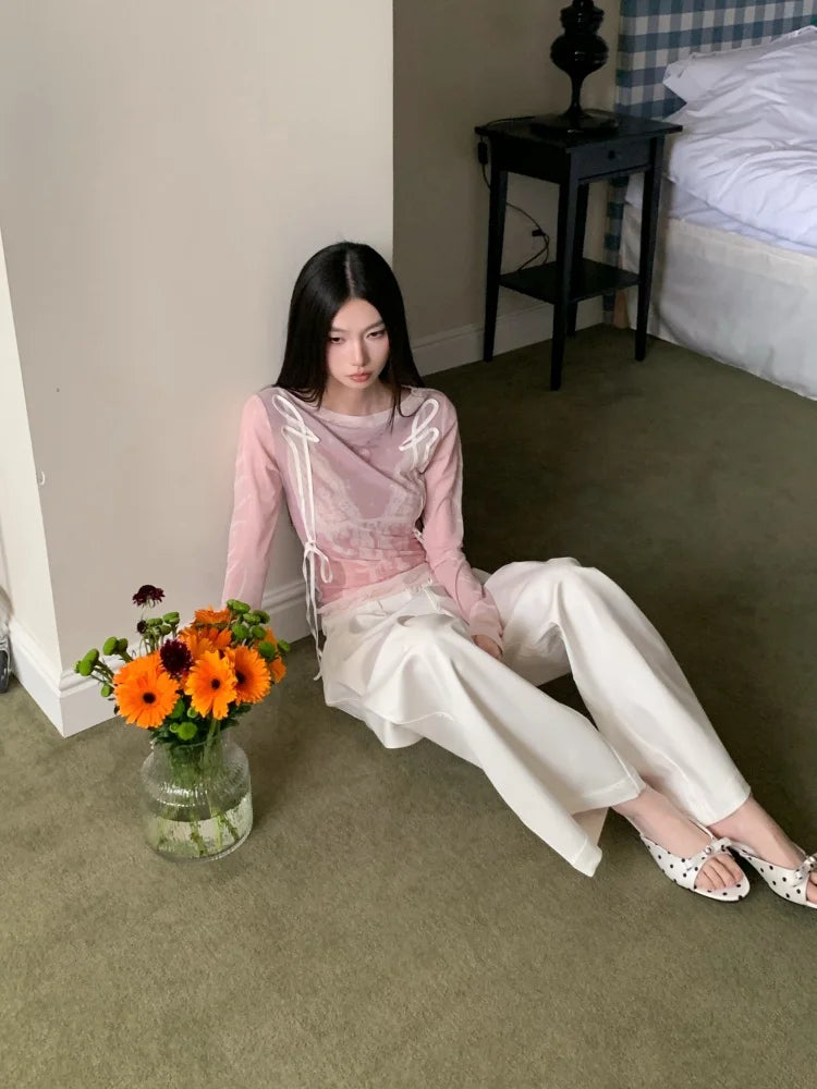 VILZSTUDIOS Pink Lace Print Mesh Long Sleeve Top