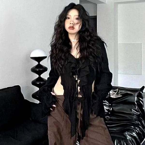Black Lace-Up Blouse