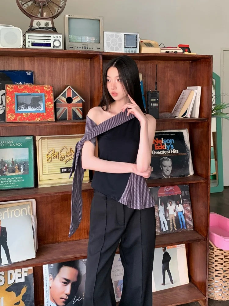 VILZSTUDIOS Black Striped Asymmetrical Blouse