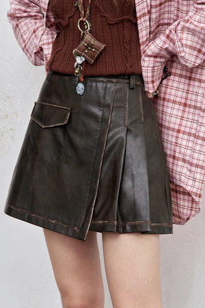 VILZSTUDIOS Chic Elegant Pleated Leather Mini Skirt