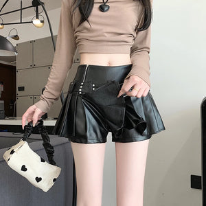 VILZSTUDIOS Black Gothic Pleated Leather Mini Shorts