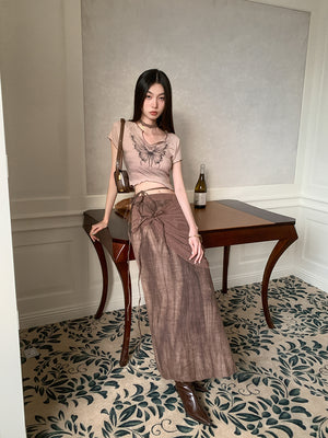 VILZSTUDIOS Brown Tie Dye High Waist Skirt & Top