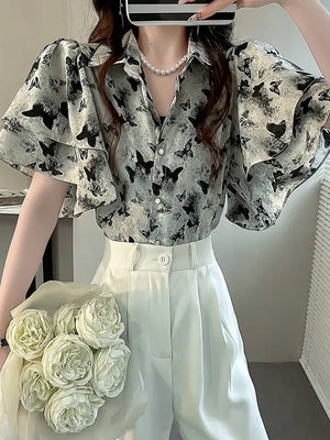 VILZSTUDIOS Light Butterfly Print Short-Sleeve Blouse