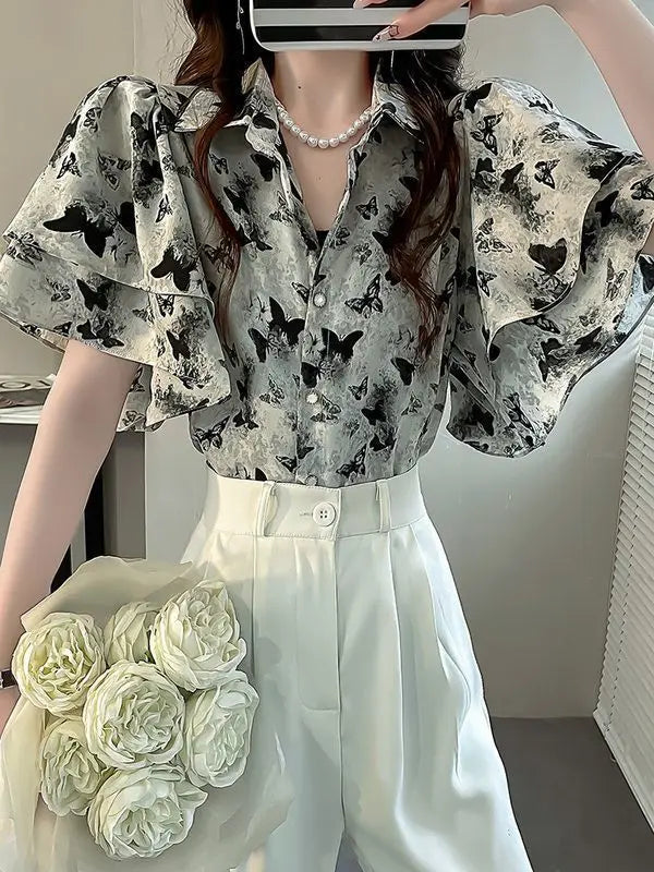 VILZSTUDIOS Light Butterfly Print Short-Sleeve Blouse