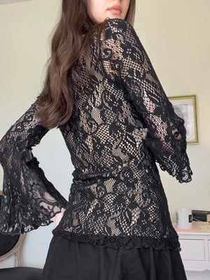 VILZSTUDIOS Floral Lace Tie Front Flounce T-Shirt