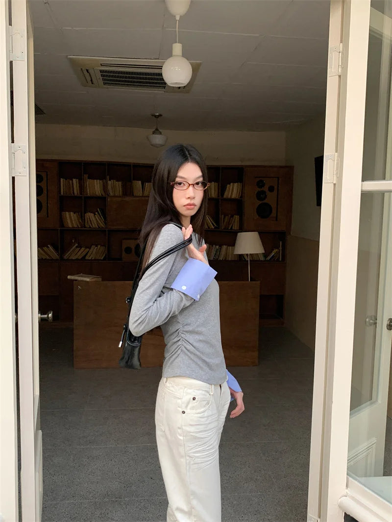 VILZSTUDIOS Stylish Grey Long Sleeve Shirring Top