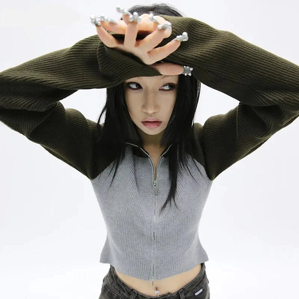 Vintage Grunge Patchwork Turtleneck Cardigan Coat