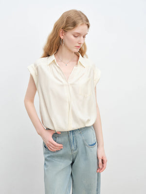 VILZSTUDIOS French Lazy Relaxed V-Neck Commuter Blouse