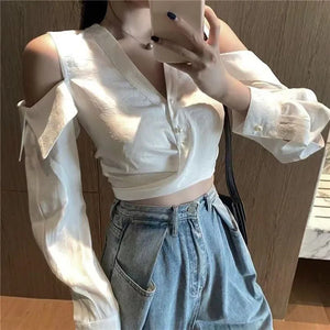 VILZSTUDIOS Chic Hollow Out Off-Shoulder Cropped Shirt