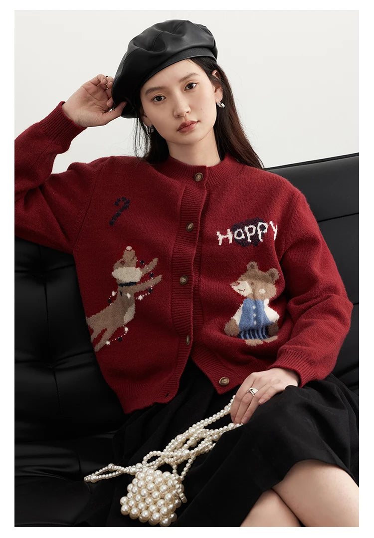 VILZSTUDIOS Retro Jacquard Happy Bear Cardigan