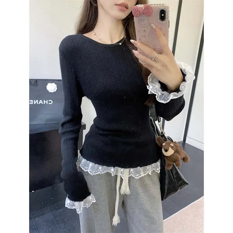 VILZSTUDIOS Lace Ruffled Slim Knitted Sweater