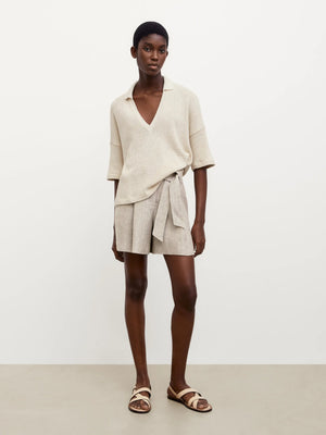 VILZSTUDIOS Beige V-Neck Knit Short Sleeve Sweater