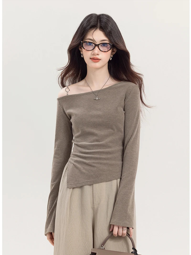 VILZSTUDIOS Asymmetrical Off Shoulder Knitted Long Sleeve Top