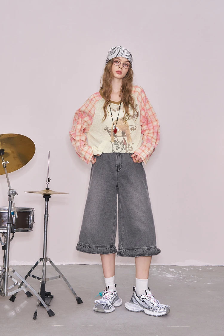 VILZSTUDIOS Plaid Patchwork Print V-Neck Knit Top