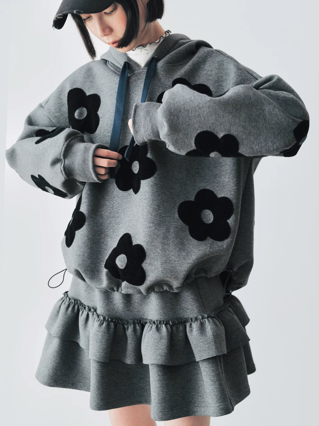 VILZSTUDIOS Gray Floral Patch Long Sleeve Hoodie