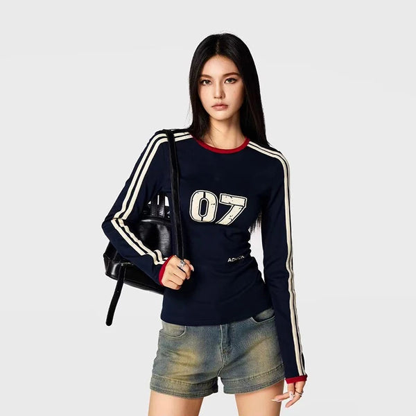 Retro Striped Sleeves Slim Fit Top