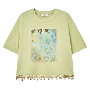 VILZSTUDIOS Chic Shell Tassel Print Loose T-Shirt