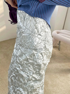 VILZSTUDIOS Metallic Silver Glitter A-Line Skirt