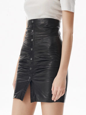 VILZSTUDIOS Luxury Black Ruched Fitted Leather Skirt