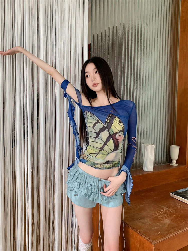 VILZSTUDIOS Blue Butterfly Mesh Off Shoulder Long Sleeve Top