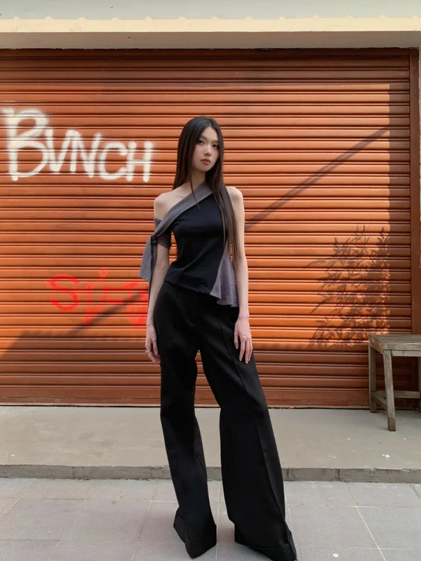 Black Striped Asymmetrical Blouse