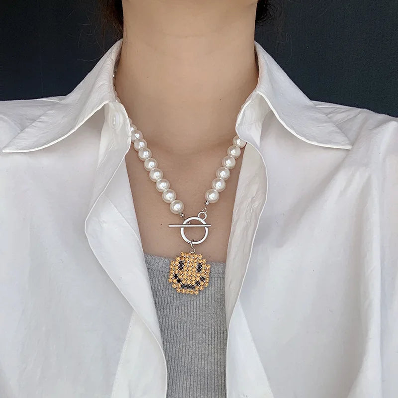VILZSTUDIOS Rhinestone Smile Face Choker Pendant Necklace