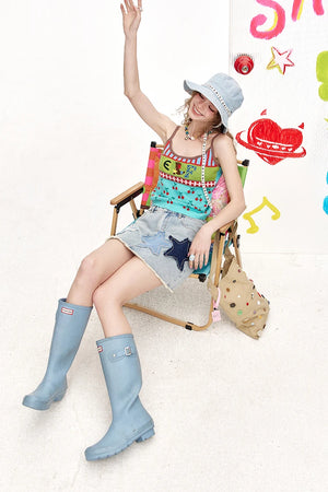 VILZSTUDIOS Stylish Star Print Light Denim Mini Skirt