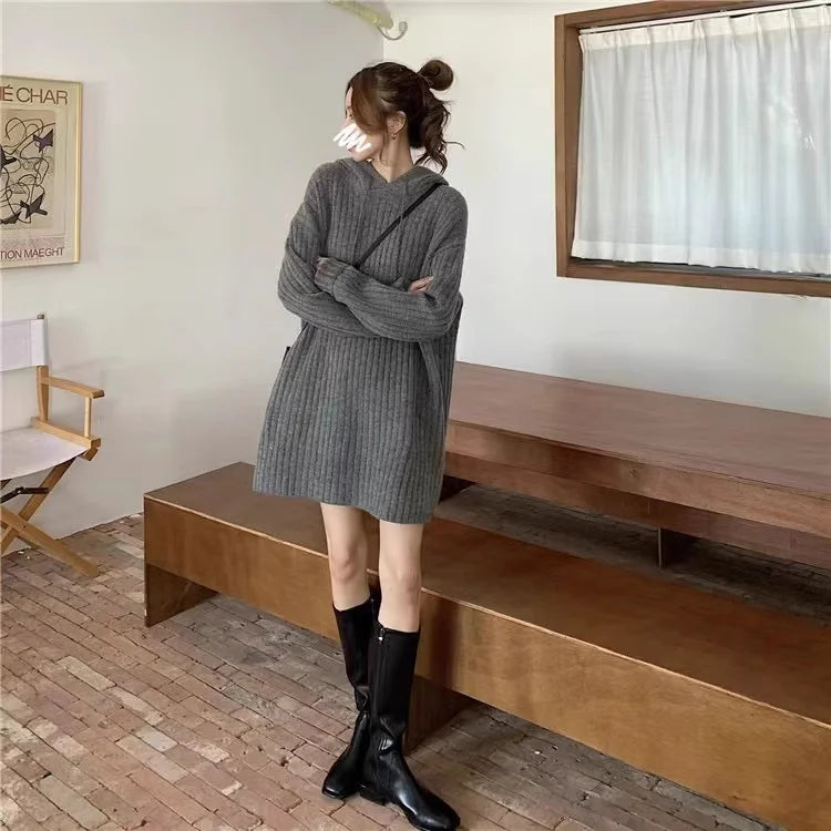 VILZSTUDIOS Cozy Wool Knitted Hooded Mini Dress