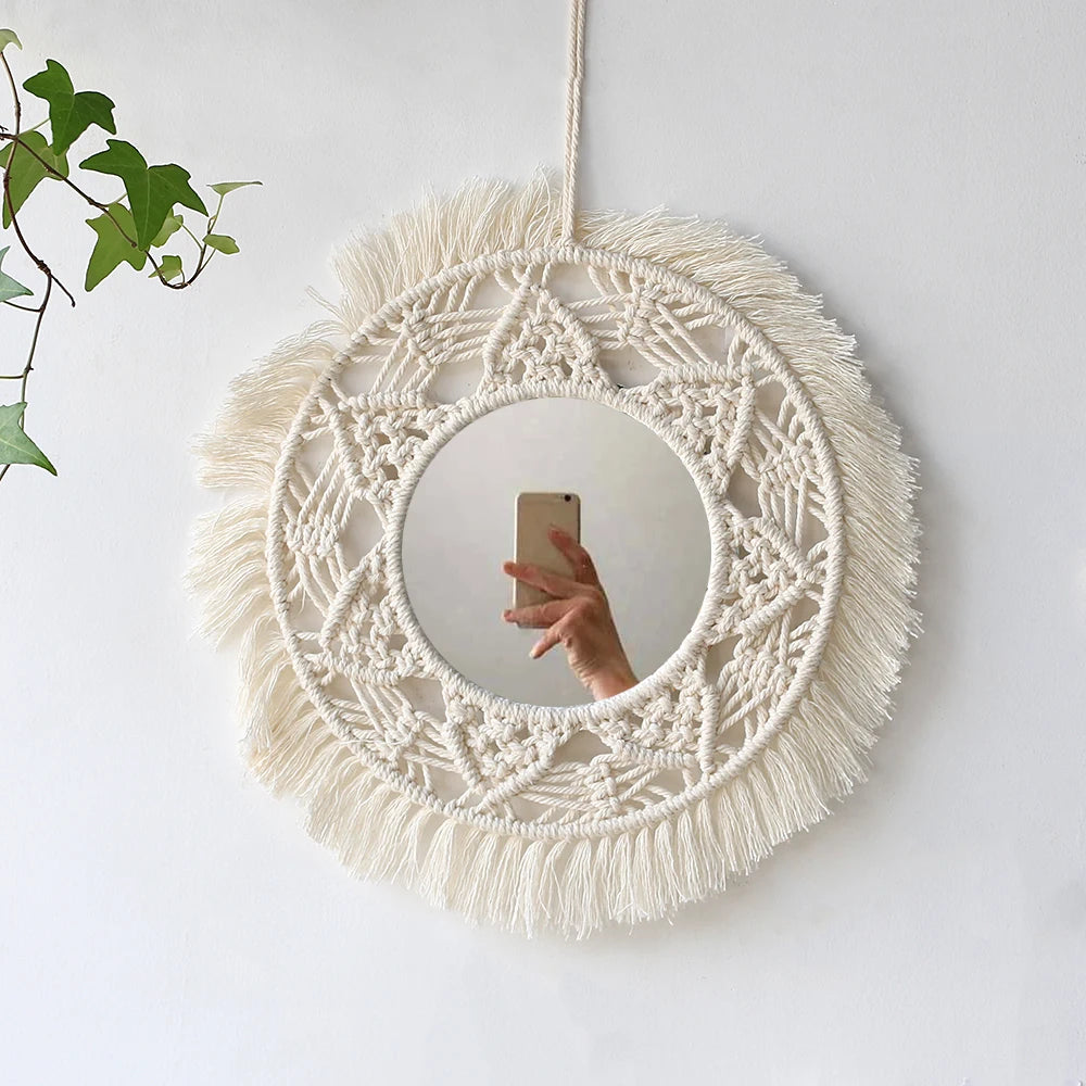 VILZSTUDIOS Decorative Mirrors Wall Decor Macrame Round Mirror Boho Home Decor Mirrors for Bedroom Living Room Bathroom Baby Room Decoration