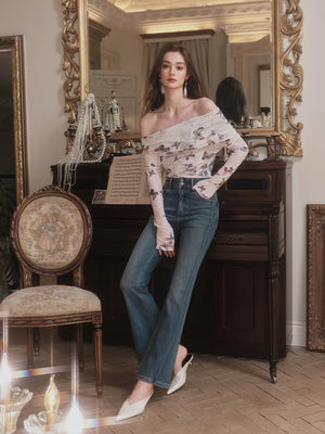 VILZSTUDIOS Butterfly Long Off Shoulder Sleeve Mesh Blouse