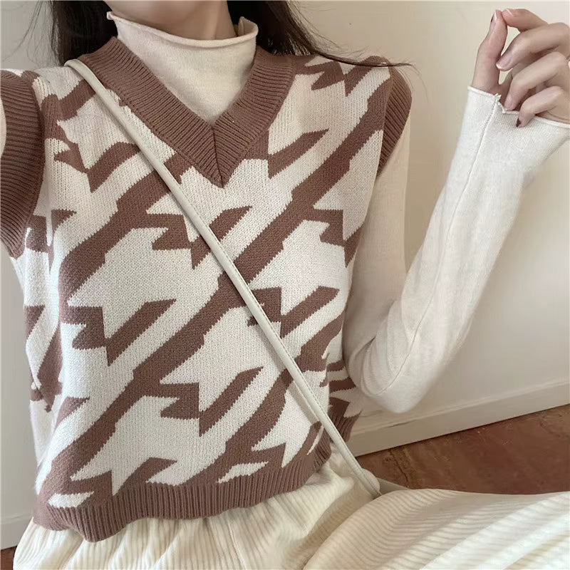VILZSTUDIOS Chic Plaid V-Neck Knitted Vest