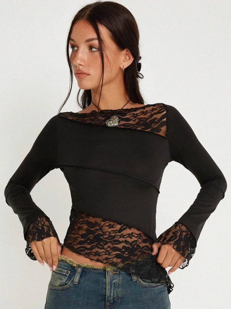 VILZSTUDIOS White Lace Patchwork Long Sleeve T-Shirt
