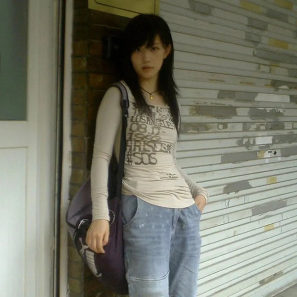Vintage Japanese Y2K Letter Print T-Shirt