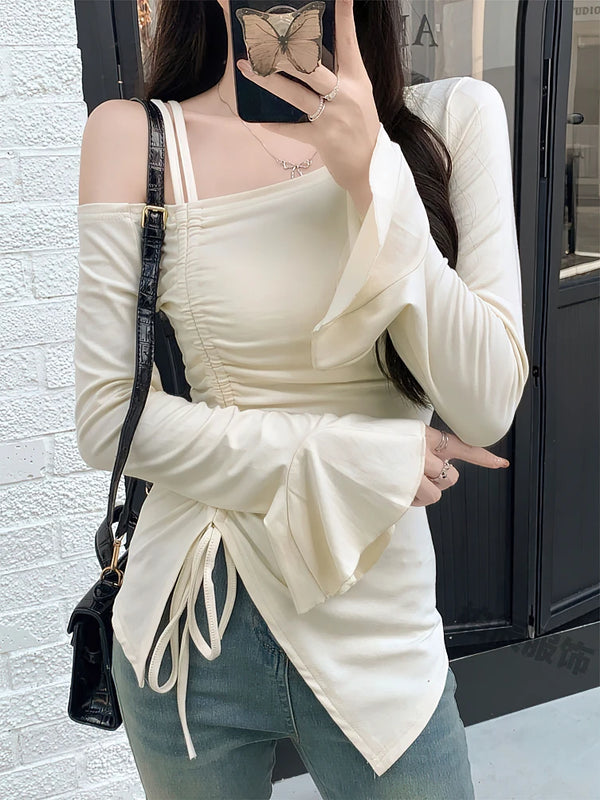 Elegant Ribbon Drawstring Off-Shoulder Blouse