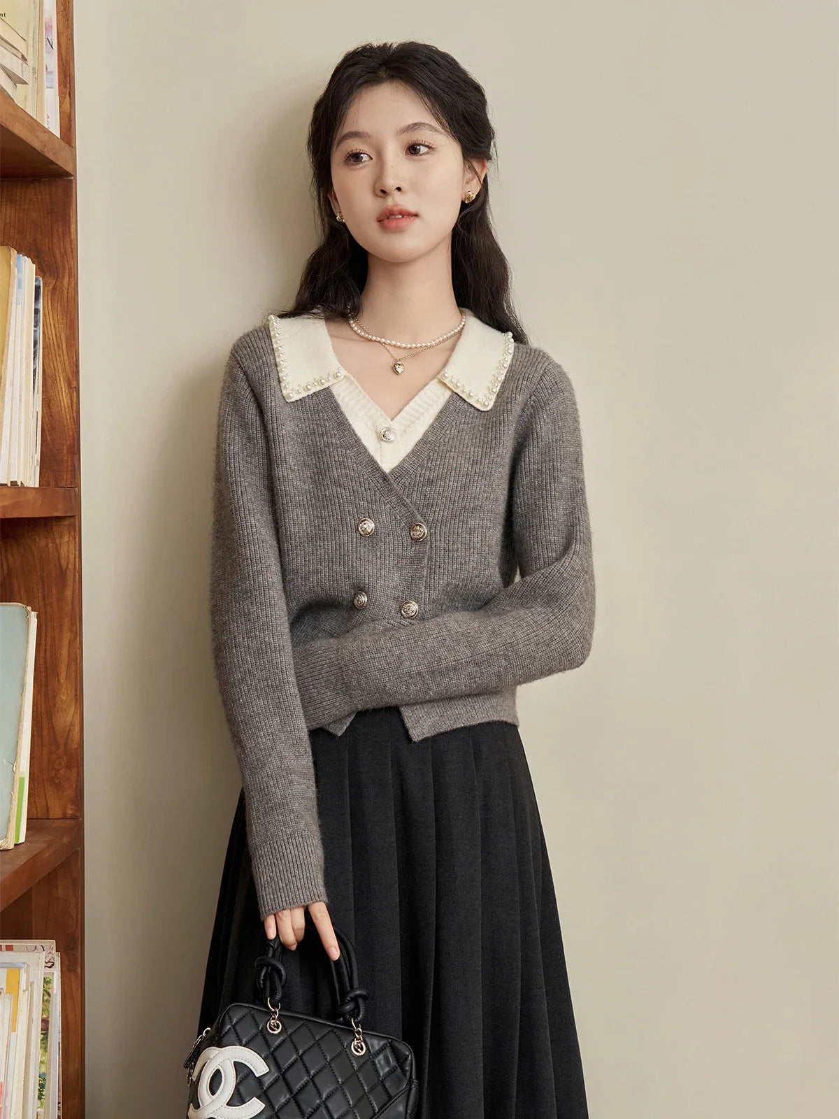 VILZSTUDIOS Gray Beaded Knitted Cardigan