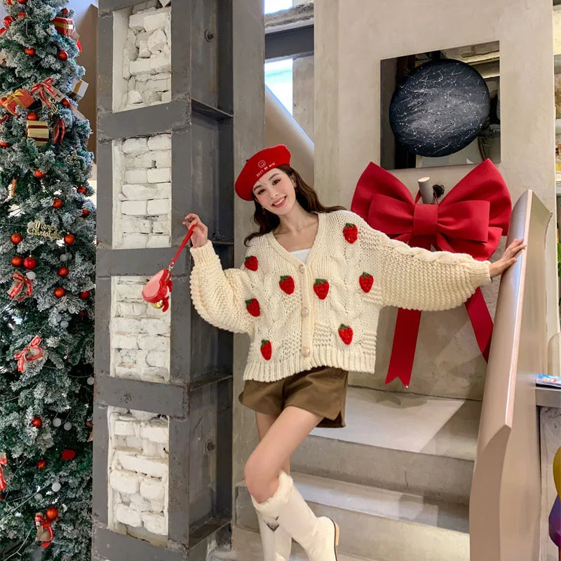 VILZSTUDIOS Cozy Strawberry Knit Cardigan
