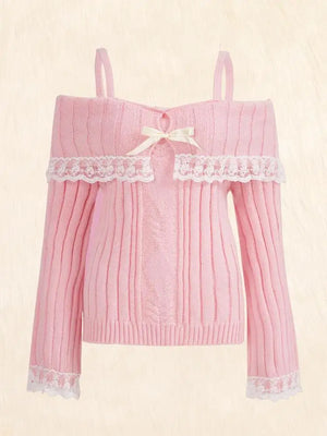 VILZSTUDIOS Pink Grunge Lace Off Shoulder Sweater