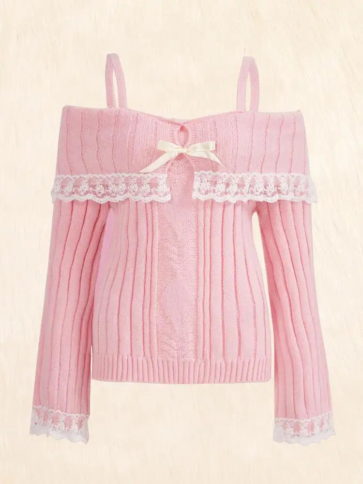 VILZSTUDIOS Pink Grunge Lace Off Shoulder Sweater