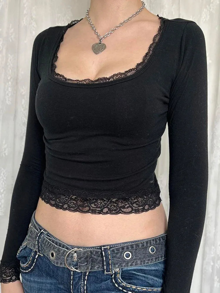 VILZSTUDIOS Cropped Vintage Laced Collar Long Sleeve Top
