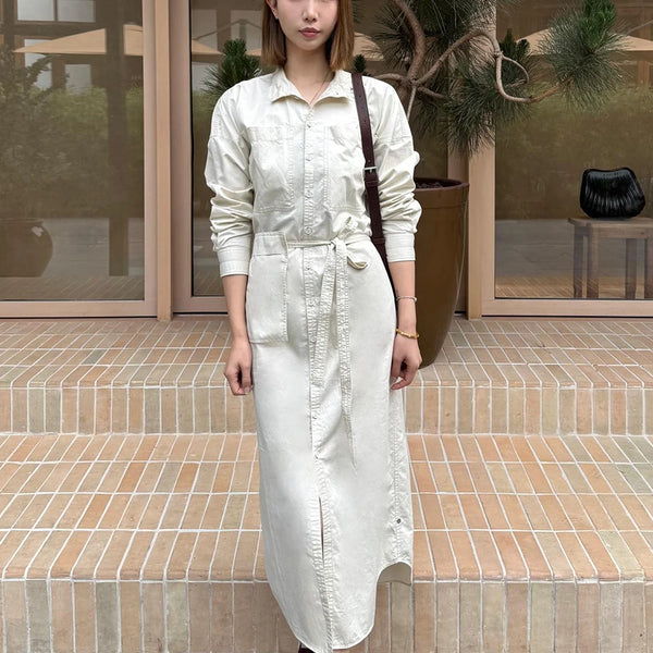 Elegant Drawstring Cotton Dress with Pockets