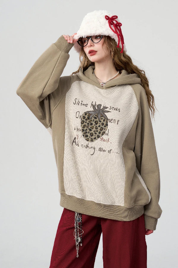 Retro Casual Strawberry Leopard Print Hoodie
