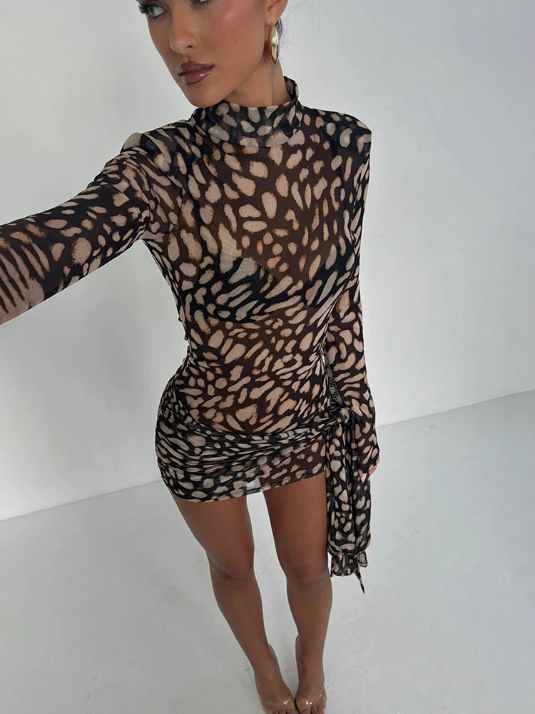 VILZSTUDIOS Leopard Print Sheer Turtleneck Mini Dress