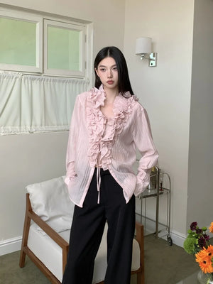 VILZSTUDIOS Ruffled Sheer Long Sleeve Designer Shirt