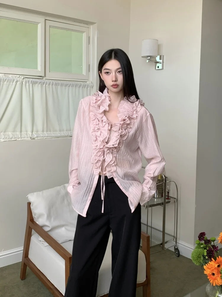 VILZSTUDIOS Ruffled Sheer Long Sleeve Designer Shirt