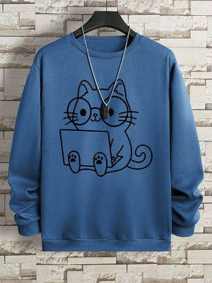 VILZSTUDIOS Nerdy Cat Print Loose Long Sleeve Top