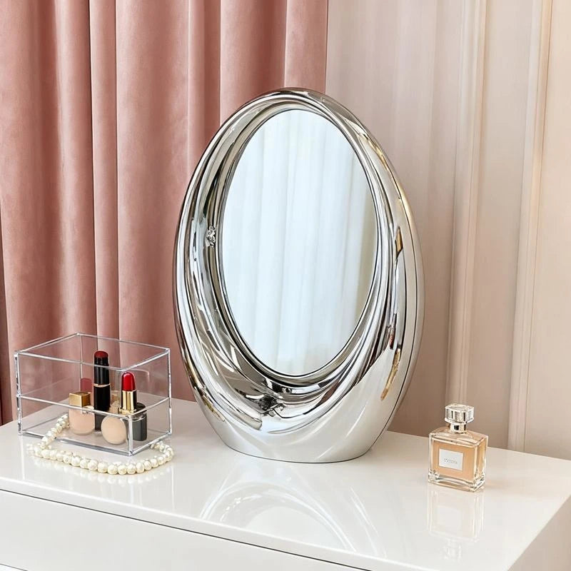 VILZSTUDIOS Korean Creative Oval Makeup Mirror Laser Double-sided Cosmetic Mirror Living Room Dressing Table Rotatable Mirror Home Decor