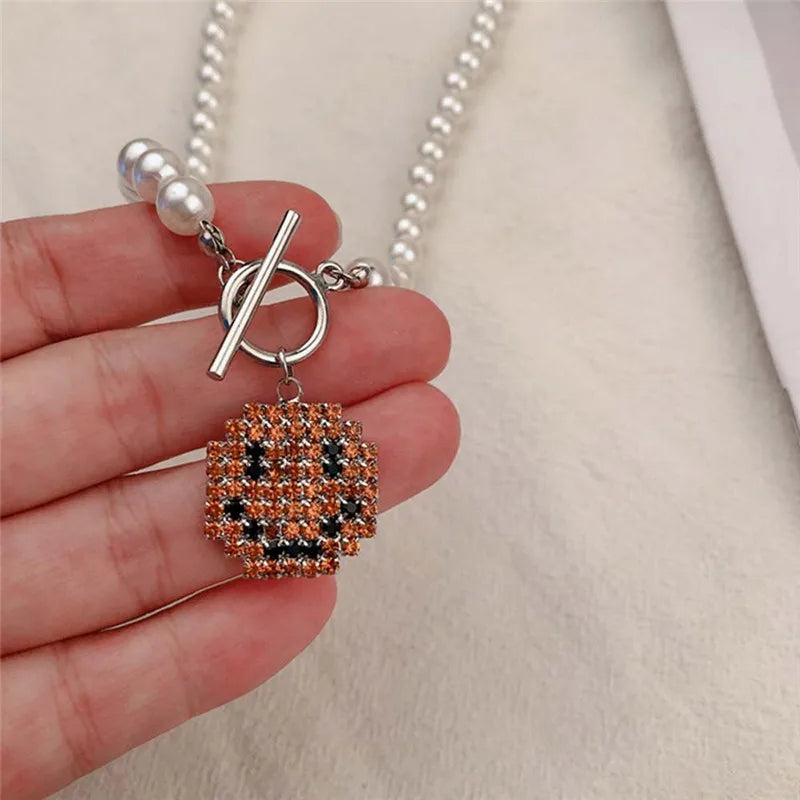 VILZSTUDIOS Rhinestone Smile Face Choker Pendant Necklace