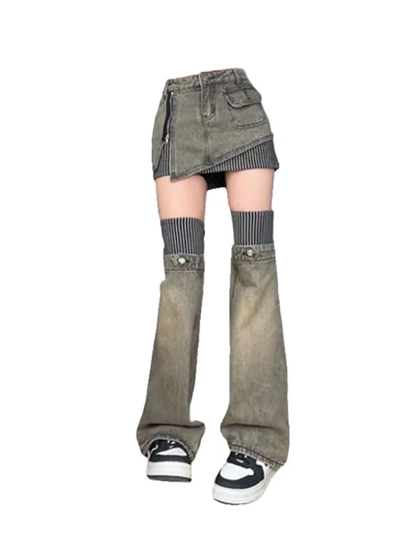 High Waist Patchwork Striped Denim Skirt